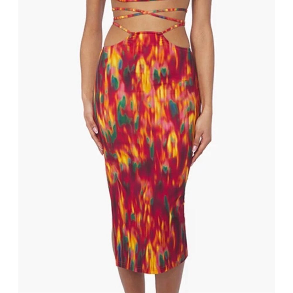 Weworewhat Cut Out Lace Up Midi Skirt Fire Tie Dye Stretch Large NWT Beach Vacay